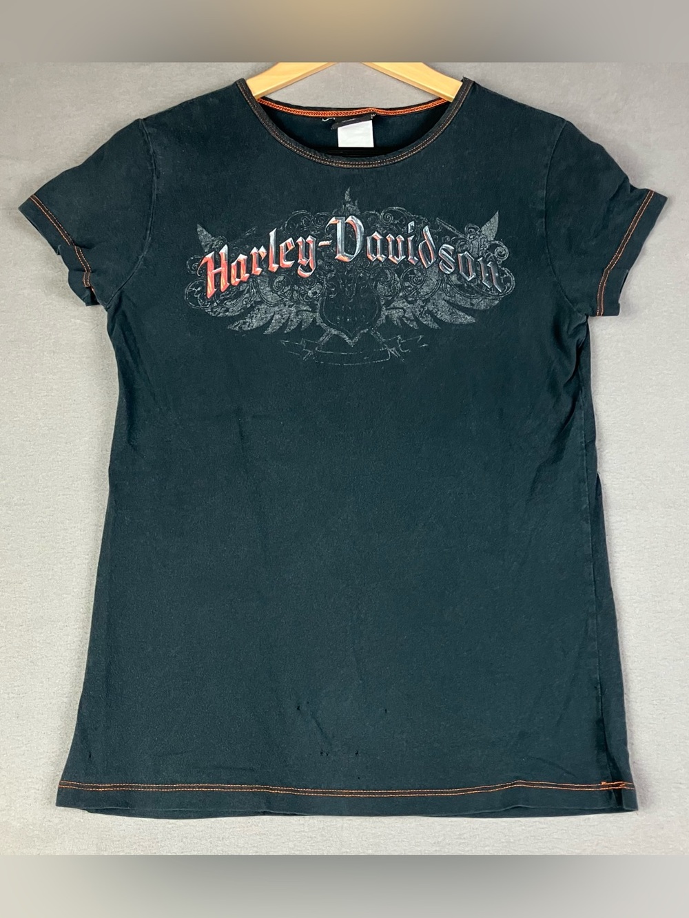 Harley Davidson Women’s Size S/M Short Sleeve Graphic T Shirt Black Logo. In fai